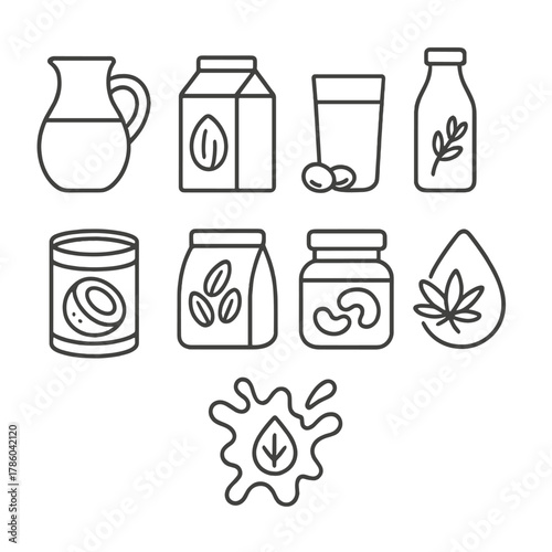 Milk Alternatives Icons. Line style icons of Dairy & Milk Alternatives: cow milk jug, almond milk carton, soy milk glass, oat milk