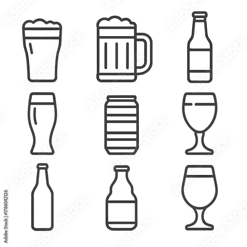 Craft Beer Icons. Line style icons of Craft Beer Selection: IPA pint, stout mug, lager bottle, pilsner glass, porter can, wheat