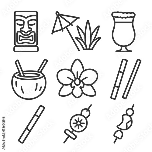 Tiki Drink Icons. Line style icons of Tiki & Tropical Drinks: tiki mug, umbrella pick, pineapple crown, coconut shell, rum float,