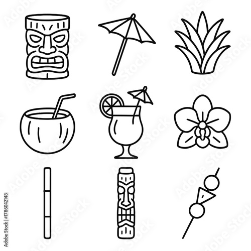Tiki Drink Icons. Line style icons of Tiki & Tropical Drinks: tiki mug, umbrella pick, pineapple crown, coconut shell, rum float,