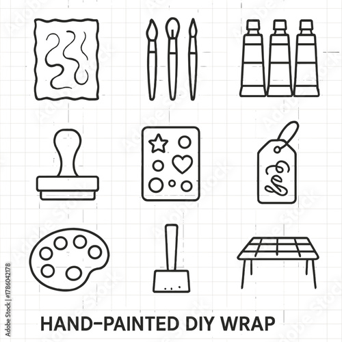 DIY Crafting Kit Essentials. Line style icons of Hand-Painted DIY Wrap: watercolor paper sheet, paint-brush set, acrylic paint