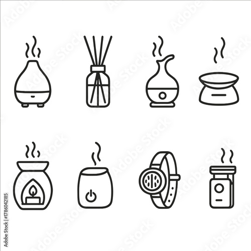 Aromatherapy Diffuser Icons. Line style icons of Aromatherapy Diffusers: ultrasonic diffuser, reed diffuser, nebulizing diffuser,