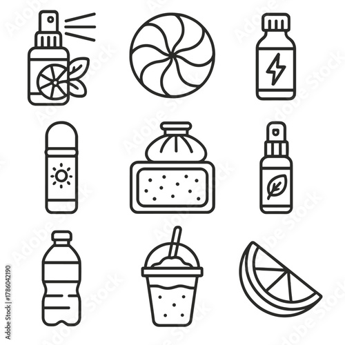 Energy and Refreshment Icons. Line style icons of Energy & Refreshment Items: citrus mint spray, peppermint candy, energy shot