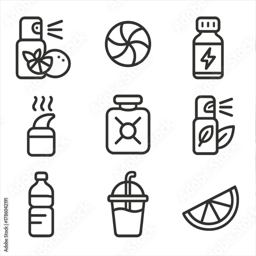 Energy and Refreshment Icons. Line style icons of Energy & Refreshment Items: citrus mint spray, peppermint candy, energy shot