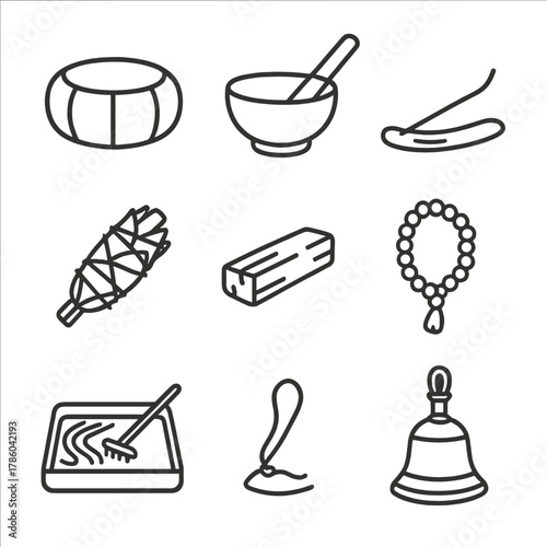 Mindfulness Icons Set. Line style icons of Mindfulness & Meditation Aids: meditation cushion, singing bowl, incense stick, incense