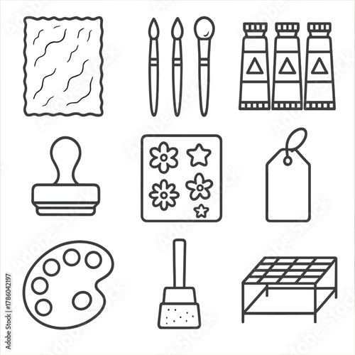 DIY Crafting Kit Essentials. Line style icons of Hand-Painted DIY Wrap: watercolor paper sheet, paint-brush set, acrylic paint