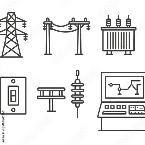 Electrical Grid Icons. Line style icons of Electrical Grid & Transmission: high-voltage tower, transmission line, distribution