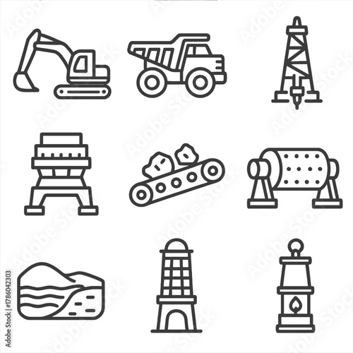 Mining Equipment Icons. Line style icons of Mining Operations: excavator shovel, haul truck, drilling rig, ore crusher, conveyor