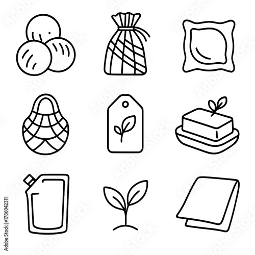 Eco Laundry Icons. Line style icons of Eco-Friendly Laundry Solutions: wool dryer balls, bamboo laundry sachet, biodegradable pod,