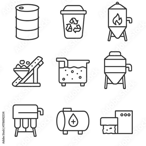 Industrial Waste Icons. Line style icons of Industrial Waste & Recycling: waste drum, recycling bin, ash silo, slag conveyor,