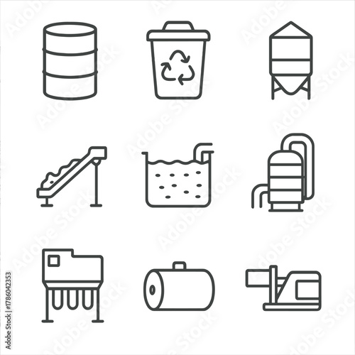 Industrial Waste Icons. Line style icons of Industrial Waste & Recycling: waste drum, recycling bin, ash silo, slag conveyor,