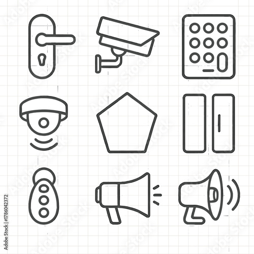 Home Security Icons. Line style icons of Home Security & Access: door lock, security camera, keypad entry pad, alarm panel, motion