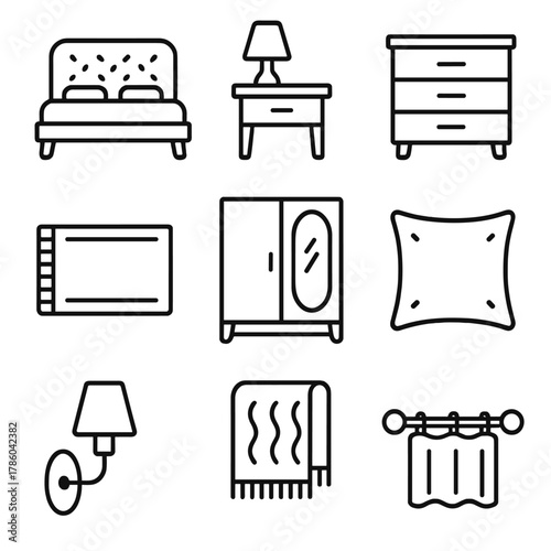 Line Style Bedroom Icons. Line style icons of Bedroom Styling: upholstered bed, nightstand lamp, dresser drawer, bedside rug,