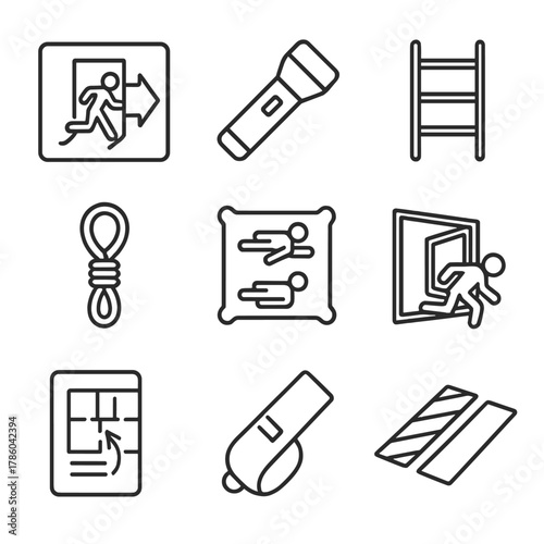 Emergency Evacuation Icons. Line style icons of Emergency Evacuation & Exit: exit sign, flashlight, emergency ladder, escape rope,