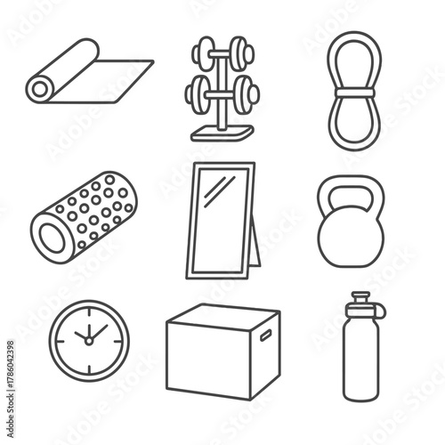 Home Gym Essentials. Line style icons of Home Gym Setup: yoga mat, dumbbell rack, resistance band, full-length mirror, foam roller