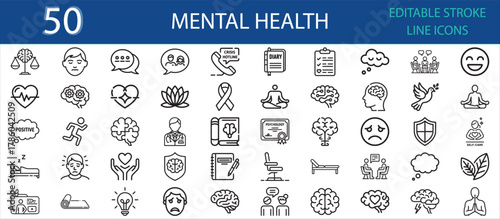 Editable line icons of mental health, psychology, and wellbeing. Includes brain, meditation, therapy, stress, yoga, happiness, mindfulness, support, counseling, and relaxation elements.