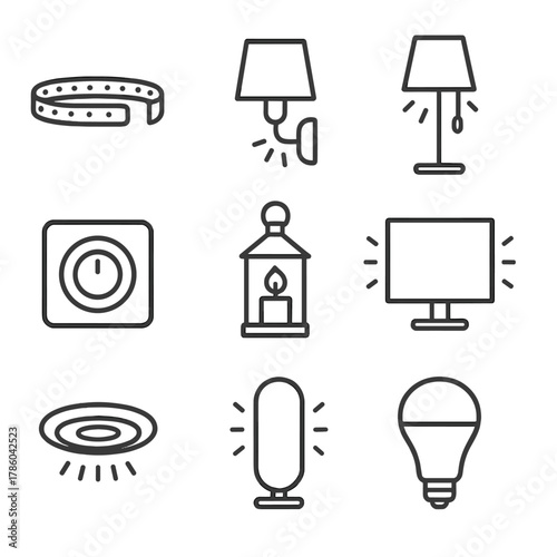 Ambient Lighting Icons. Line style icons of Ambient Lighting: LED strip, wall sconce, floor lamp, dimmer switch, candle lantern,