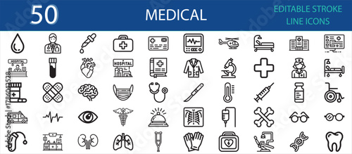Editable line icon set of healthcare and medical elements. Includes doctor, hospital, heart, microscope, syringe, ambulance, lungs, brain, stethoscope, cross, and laboratory equipment.