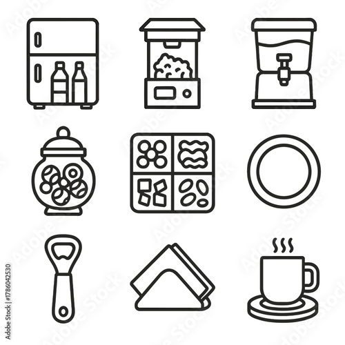 Snack Station Icons. Line style icons of Snack & Beverage Station: mini fridge, popcorn maker, drink dispenser, candy jar, snack