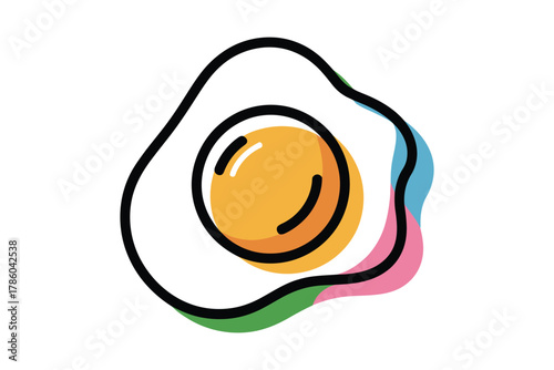 A stylized, colorful illustration of a single fried egg with a bright yellow yolk and white outline against a white background.