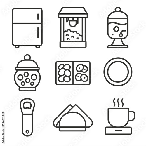 Snack Station Icons. Line style icons of Snack & Beverage Station: mini fridge, popcorn maker, drink dispenser, candy jar, snack