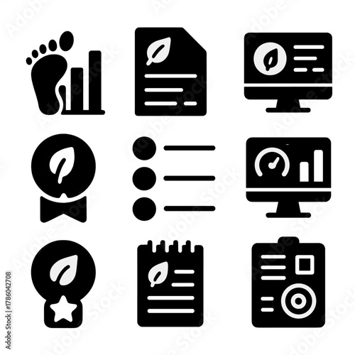 Sustainability Tracking Icons. Solid style icons of sustainability tracking: footprint chart, green stats, energy meter, resource