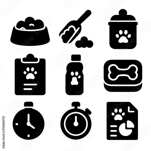 Pet Feeding Icons. Solid style icons of pet feeding: food bowl, kibble scoop, raw food tray, treat jar, feeding schedule, water