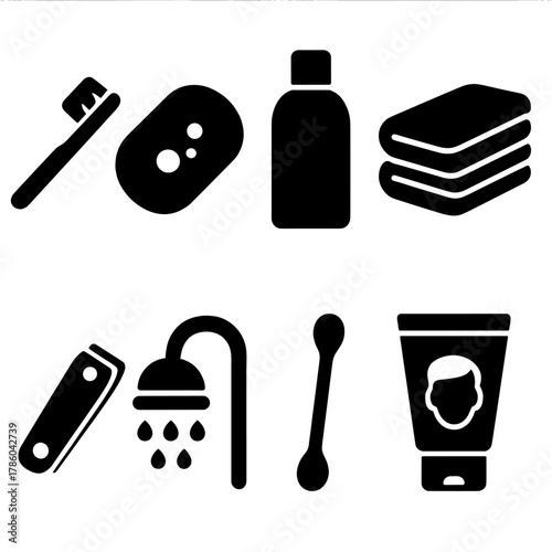 Hygiene Icon Set. Solid style icons of personal hygiene: toothbrush, soap bar, shampoo bottle, towel stack, nail clipper, shower