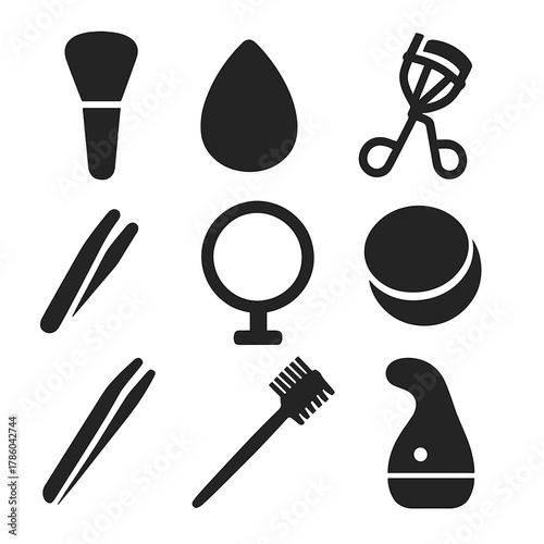 Beauty Tools Icons. Solid style icons of beauty tools: makeup brush, beauty blender, eyelash curler, mirror, tweezer, cotton pad,