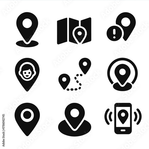 Location Tracking Icons. Solid style icons of location tracking: GPS pin, real-time map, location alert, geo-fence, child location