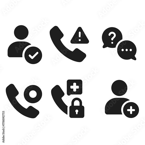Solid Style Icons. Solid style icons of call and message control: contact whitelist, call block icon, unknown number alert,