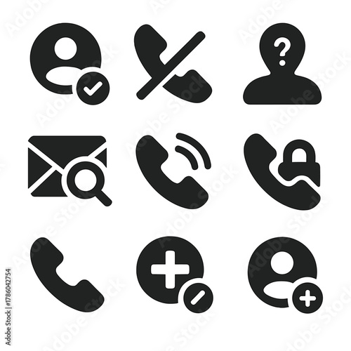 Solid Style Icons. Solid style icons of call and message control: contact whitelist, call block icon, unknown number alert,