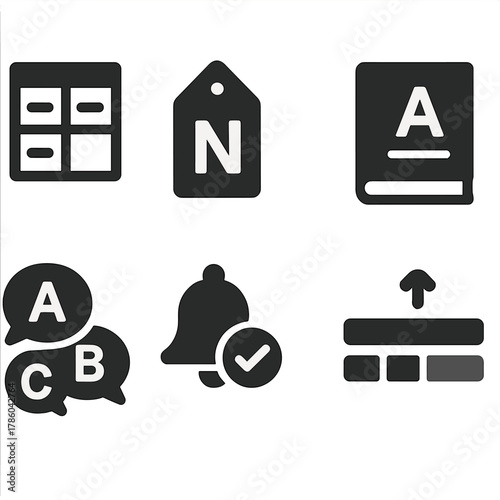 Grammar Tools Icons. Solid style icons of grammar tools: verb table, noun tag, sentence structure icon, grammar rulebook, part of