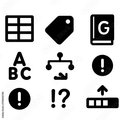 Grammar Tools Icons. Solid style icons of grammar tools: verb table, noun tag, sentence structure icon, grammar rulebook, part of