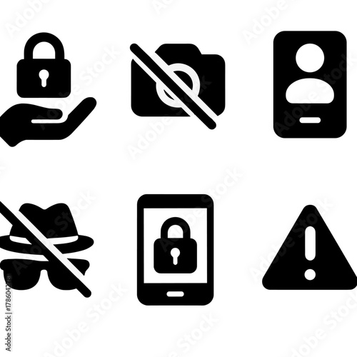 Privacy Settings Icons. Solid style icons of privacy settings: data access control, camera icon with slash, mic disabled, private