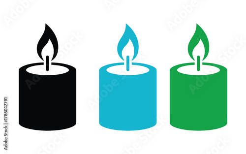 Three lit candles in black, blue, and green stand side-by-side against a white background.