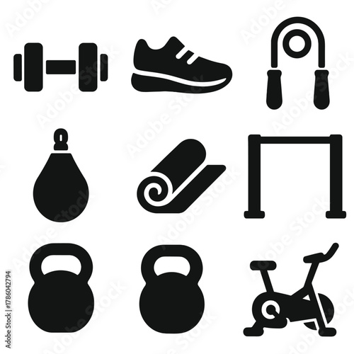 Fitness Icon Set. Solid style icons of fitness workout types: dumbbell, running shoe, yoga mat, jump rope, punching bag,