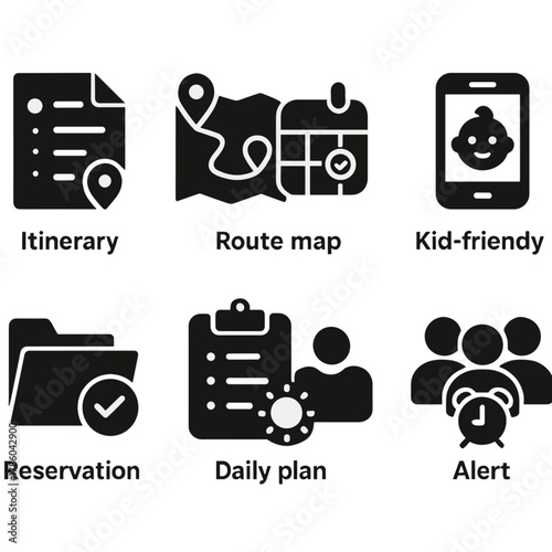 Family Trip Icons. Solid style icons of family trip planning: itinerary icon, route map, shared calendar, kid-friendly app,