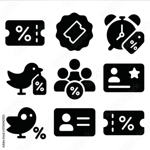 Discount Icons Set. Solid style icons of discount and deals: promo code, ticket sale badge, last-minute offer, early bird icon,