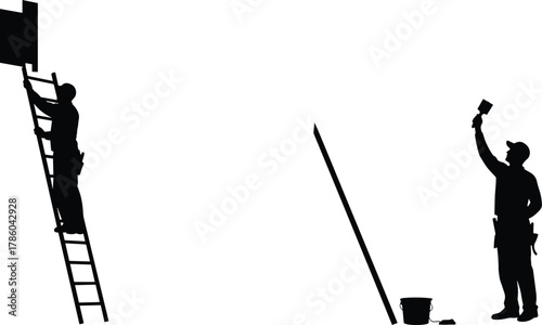 Construction worker silhouettes painting, ladder climbing, paintbrush, bucket, roller tray, home improvement, renovation, teamwork, manual labor, industrial workforce illustration