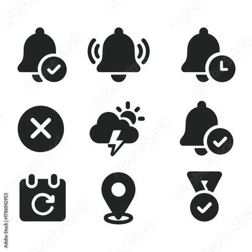 Tour Notification Icons. Solid style icons of tour notifications: reminder icon, start soon alert, weather notice, time change