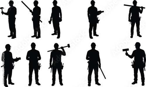 Construction worker silhouettes with hard hats, tool belts, hammer, saw, wrench, trowel, pipe wrench, sledgehammer, crowbar, paint roller illustration