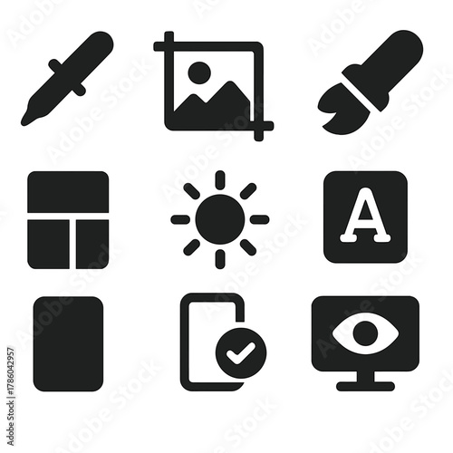 Theme Customization Icons. Solid style icons of theme customization: color picker, wallpaper crop, brightness setting, style edit