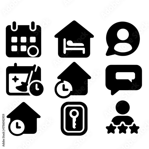 Short-Term Rental Icons. Solid style icons of short-term rental: weekend booking, overnight stay icon, guest welcome kit, host