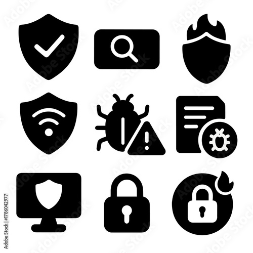 Security Tools Icons. Solid style icons of security tools: antivirus icon, scan now button, firewall shield, real-time protection,