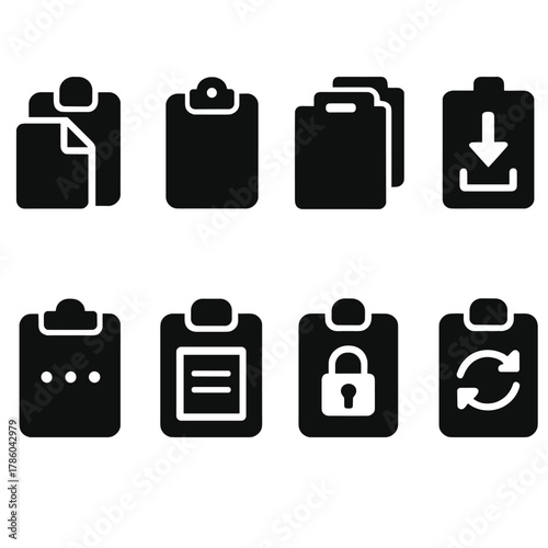 Clipboard Icons Set. Solid style icons of clipboard utilities: copy icon, clipboard manager, history stack, paste shortcut,