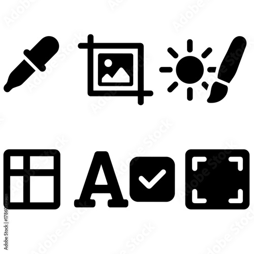 Theme Customization Icons. Solid style icons of theme customization: color picker, wallpaper crop, brightness setting, style edit