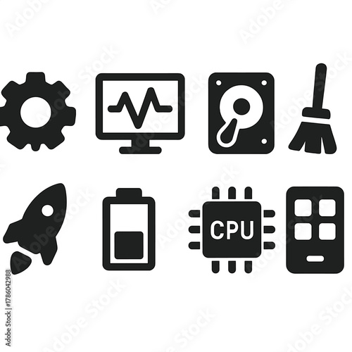 System Utilities Icons. Solid style icons of system utilities: gear icon, system monitor, storage check, memory cleaner,