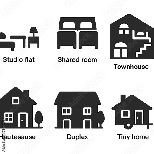 Property Icons Collection. Solid style icons of property types: studio flat, shared room, townhouse, loft apartment, detached