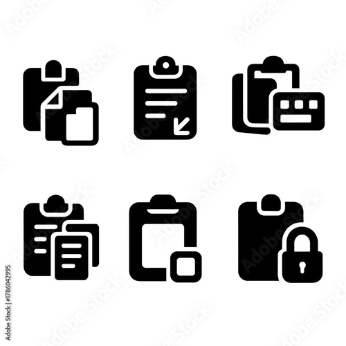 Clipboard Icons Set. Solid style icons of clipboard utilities: copy icon, clipboard manager, history stack, paste shortcut,